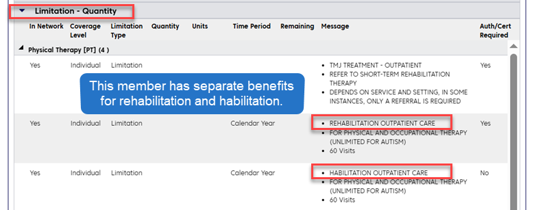 Screenshot showing separate rows for separate benefits