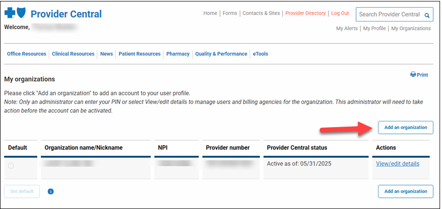 Screenshot showing Add an Organization button